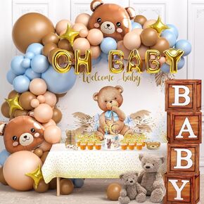 137pcs تيدي دب دش ديكورات دش الصبي صناديق الحبوب الخشبية مع طفل واحد بالون قوس القوس القوس tablecloth كعكة Topper بين الجنسين حفلة عيد ميلاد ، يمكن أن تنتظر دش الطفل دش.