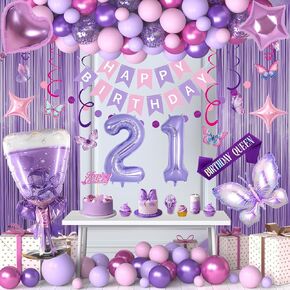 25th Purple Birthday Decorations, Pink Purple 25th Birthday Party Decor Set with Number Balloons, Foil Balloons, Sash and Cake Topper