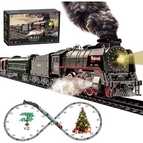 Train Set for Kids, Electric Train Toys with Realistic Light Sounds Smoke, Christmas Train Model Gifts for Toddlers Boys Girls, Steam Locomotive, Luxury Track & 3 Truck Carriages