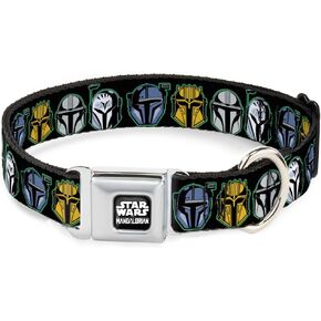Star Wars Easy Adjustable Metal Seatbelt Buckle Quick Release Dog Collar, The Mandalorian Helmets, 16 to 23 Inches 1.5 Inch Wide-Medium