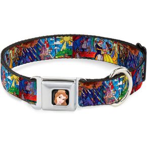 Buckle-Down Seatbelt Buckle Dog Collar - Beauty & the Beast Stained Glass Scenes - 1" Wide - Fits 15-26" Neck - Large