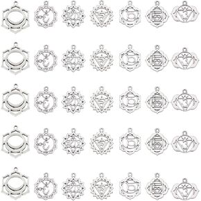 SUNNYCLUE 1 Box 42pcs 7 Styles Chakra Charms Indian Energy Charms Jewelry Findings Making Accessory Supplies for DIY Necklace Bracelet Crafting, Antique Silver