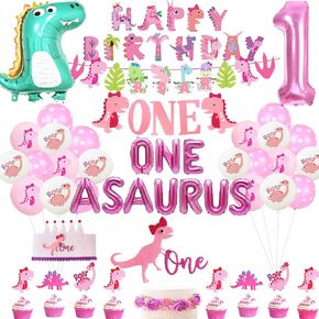 Oneasaurus Pink Dino 1st Birthday Decor Set - Dinosaur Banner, High Chair, Girl