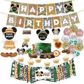 Mickey Safari First Birthday Party Supplies - Happy Birthday Banner, ONE Highchair Banner, WILD ONE Cake Topper, 10 Pcs Cake Toppers, 12 Pcs Latex Balloons