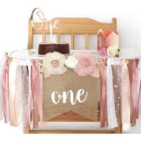 1st Birthday Party Decorations for Girls by Innerspark, Pink and Gold Floral Set, Ribbon High Chair Banner, Birthday Hat, Cake Topper, One High Chair Banner, Girl’s First Birthday