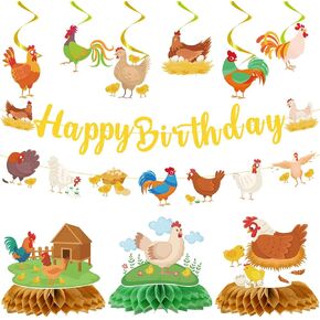 Chicken Birthday Party Decorations, 11PCS Chicken Farm Birthday Party Supplies, Chicken Chick Theme Birthday Banners Hanging Swirls Honeycomb Centerpieces Decor