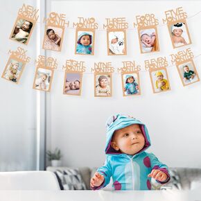 1st Birthday Baby Photo Banner for Newborn to 12 Months, Monthly Milestone Photograph Bunting Garland, Monthly Photo Banner for Baby Boys Girls First Birthday Party Celebration Decoration (Pink