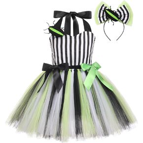 IDOPIP Kids Girls Halloween Costume Black and White Striped Costume Suit Clown Tutu Dress Headband Outfits for Photo Shoot