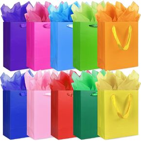 MUMULULU 10 PCS Medium Gift Bags with Handles and Tissue Paper Rainbow Colour Gift Bags Party Favor Bags for Birthday Baby Shower Wedding Holiday Presents