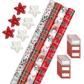 American Greetings 120 sq. ft. Christmas Wrapping Paper Set, Tan, Plaid, Snowman and Christmas Text (4 Rolls 30 in. x 12 ft., 7 Bows, 30 Gift Tags)