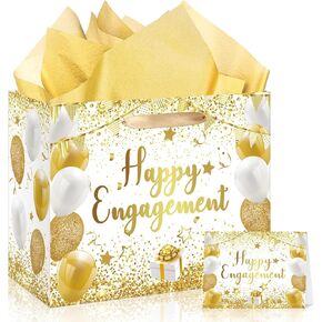 CASLON White Gold Engagement Gift Bags with Tissue Paper, Card & Wrapping Paper - Happy Engagement Party Decoration Supplies 11.8x5.3x9.4inch