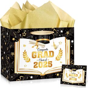 Woosytoo Black Gold Graduation Gift Bag 2025 Graduation Party Favors Supplies Congrats GRAD Gift Wrapping Paper Bag with Tissue Paper and Card for Boy’s Girl’s Senior Junior College Graduation Party