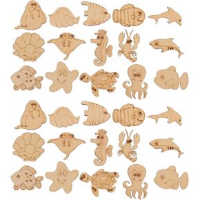 100pcs حيوانات البحر شرائح خشبية الأخطبوط سلحفاة البحر سمك القرش الخشبي DIY Craft Craft Animals غير مكتمل حيوانات حلي خشبية علامات معلقة
