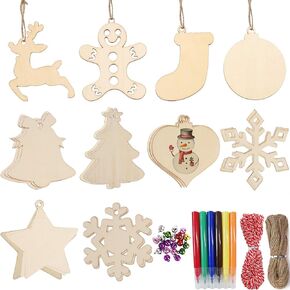 DIYASY Christmas Wood Ornaments for Crafts,60 Pcs DIY Unfinished Wood Cutouts Kit for Kids and Adults Christmas Trees Hanging Decoration