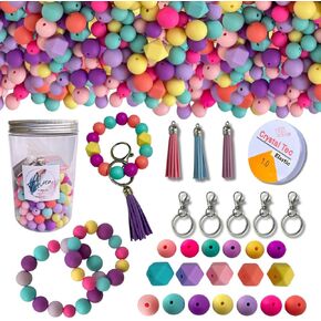 ALORA-AP180pcs Silicone Beads for Keychain Making Kit - 15mm 12mm Round - 14mm Polygonal - Colorful Rubber Beads for Keychain - DIY - Bracelet - Necklace Crafts with Tassels Elastic and Container