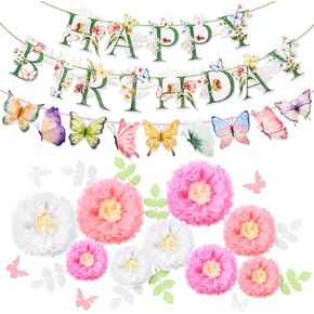 Fullhawl 24 Pcs Flower Butterfly Birthday Banners Decorations Include Floral and Butterflies Birthday Letters and Paper Flowers with Butterfly and Leaves for Birthday Garden Spring Party Decorations