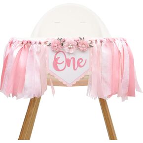 Floral 1st Birthday High Chair Banner - Pink Flowers First Birthday Decoration,Pink Dreamy One Birthday Celebration,One Birthday Photo Shooting Props for Baby Girls