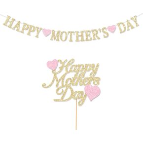 Happy Mother's Day Banner Party Decorations Glitter Gold Cake Topper Best Mom Ever Mom's Garland Sign Mothers Family Photo Backdrop Decor Supplies