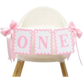 First Birthday Decorations for Girl, Pink Bow ONE High Chair Banner, Pink and White Bow One Year Old Docorations, Girls Just Wanna Be One