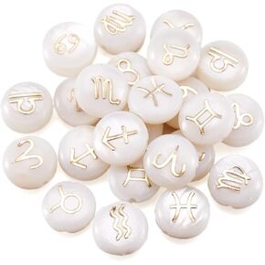 Beadthoven 24pcs 12 Constellation Shell Beads 8mm Natural Freshwater Shell Zodiac Sign Flat Round Disc White Seashell Beads Loose Spacers for Bracelet Necklace Jewelry Making DIY Craft Supplies