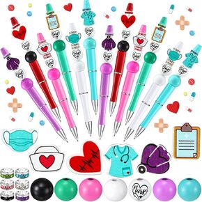 Nurse Plastic Beadable Pen Bulk DIY Making Kit Nurse Beads for Crafts Assorted DIY Bead Pens for Kids Women Office School Supplies Gift