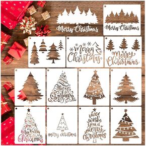 12 Pcs Christmas Tree Stencils for Painting, Reusable Holiday Pine Tree Stencil Merry Christmas Stencils for Card Making Wood Sign DIY Crafts (12pcs Tree 6x5inch)