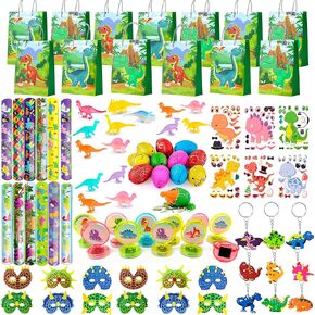 Dinosaur Party Favors, 96pcs Dinosaur Birthday Party Favors Set, Dinosaur Party Bags Fillers Slap Bracelet Stamps Keychains Stickers etc Dinosaur Theme Favors for Dinosaur Party Decorations