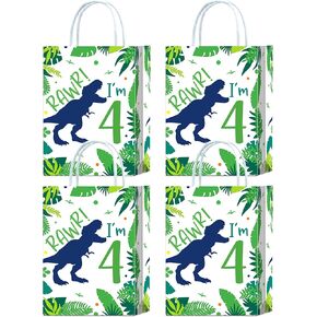 16 Pieces Dinosaur 4th Birthday Gift Bags for Dinosaur Dino Birthday Party Supplies,Dinosaur Goody Snacks Treat Candy Party Favors Bags for Kids 4th Birthday Party Decorations