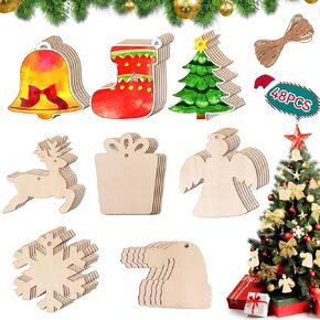 48 Pcs Unfinished Wooden Christmas Ornaments, 8 Styles Christmas Tree Ornaments Decorations,DIY Arts and Crafts Christmas Crafts for Kids,Christmas Ornament Kits