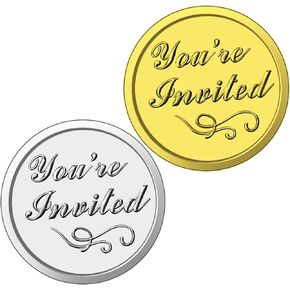 100 Pieces Silver and Gold You're Invited Embossed Foil Seals Sticker Embossed Aluminum Foil Envelopes Sticker for Wedding Envelopes Present Decoration