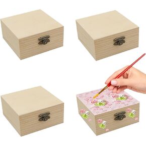 4 PCS Unfinished Wood Box for Crafts Small Wooden Square Box with Hinged Lids and Front Clasps Wooden Storage Box for DIY Arts Party Favor Jewelry Box, 3.9 x 3.9 x 2 Inch