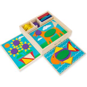 Melissa & Doug Beginner Wooden Pattern Blocks Educational Toy, 5 Double-Sided Scenes and 30 Shapes, 10.65" H x 10.65" W x 2.3" L (Beginning Skills and Activities)