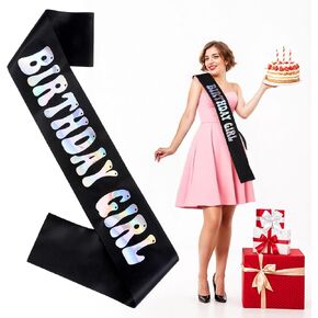 Black Birthday Sash for Women, Birthday Girl Sash with Iridescent Foil, Happy Birthday Queen, Soft Birthday Sash with Lettering Sweet for 16th, 18th 21st 30th 40th 50th or Any Other Party Decoration