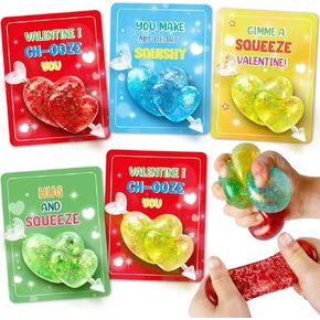 Valentines Day Gifts Cards for Kids, 24 Pack Double Heart Squeeze Balls with Greeting Cards for Kids Classroom Exchange Prizes, Stretchy Toy Balls Bulk Gift, Squeeze Relief Fidget Toy for Party Favor