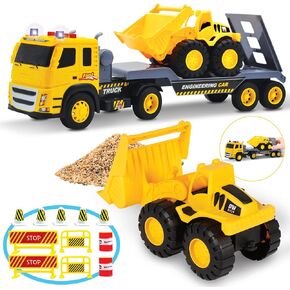 Mobius Toys Flatbed Truck مع جرار الحفريات-1:12 SCALE PUSH & GO GO GO TOUY للأطفال-مركبة تعمل بالطاقة مع الأضواء والأصوات للأولاد والبنات الذين تتراوح أعمارهم بين 3-5