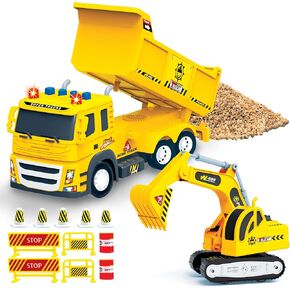 MOBIUS Toys Flatbed Truck with Excavator Tractor – 1:12 Scale Large Push & Go Construction Toy for Kids – Friction-Powered Vehicle with Lights & Sounds for Boys & Girls Ages 3-5