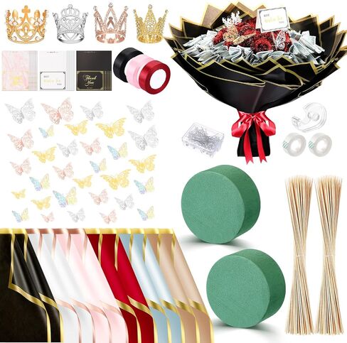 Fullhawl Money Bouquet Kit 48 Sheets Flower Wrapping Paper 50 Pins 48 Butterflies 4 Crowns 2 Floral Foam Blocks 150 Bamboo Skewers for Anniversary Valentine‘s Day Birthday Gifts (Muticolor) in Kuwait