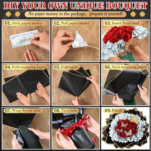 Fullhawl Money Bouquet Kit 48 Sheets Flower Wrapping Paper 50 Pins 48 Butterflies 4 Crowns 2 Floral Foam Blocks 150 Bamboo Skewers for Anniversary Valentine‘s Day Birthday Gifts (Muticolor) in Kuwait