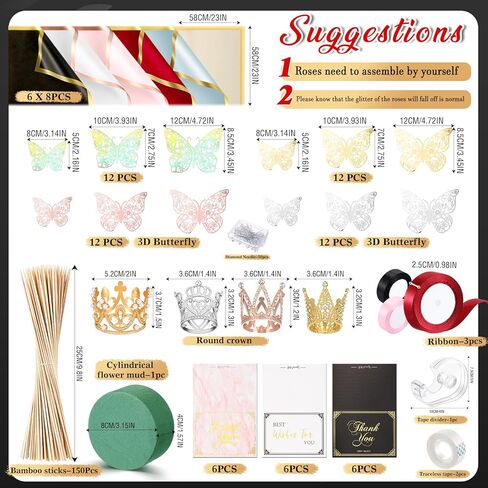 Fullhawl Money Bouquet Kit 48 Sheets Flower Wrapping Paper 50 Pins 48 Butterflies 4 Crowns 2 Floral Foam Blocks 150 Bamboo Skewers for Anniversary Valentine‘s Day Birthday Gifts (Muticolor) in Kuwait