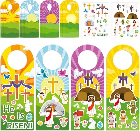 16 Set Easter He Live Jesus Sticker Scenes Door Knob Hangers DIY Easter Jesus Resurrection Stickers Craft Gift for Kids Classroom Party Activities Supply (Easter 16) in Saudi Arabia