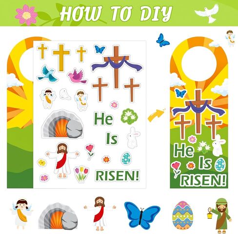 16 Set Easter He Live Jesus Sticker Scenes Door Knob Hangers DIY Easter Jesus Resurrection Stickers Craft Gift for Kids Classroom Party Activities Supply (Easter 16) in Saudi Arabia