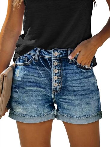 MINGALONDON Women's Denim Shorts Mid Waist Ripped Distressed in Kuwait