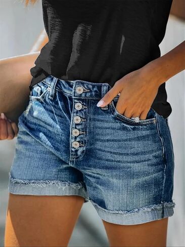 MINGALONDON Women's Denim Shorts Mid Waist Ripped Distressed in Kuwait