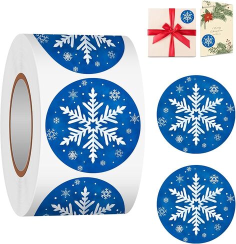 Winter Snowflake Label Stickers Roll, 1.5 inch 500 Pcs Christmas Round Stickers Blue with White Design for Holiday Cards Party Decor Craft Supplies in Saudi Arabia