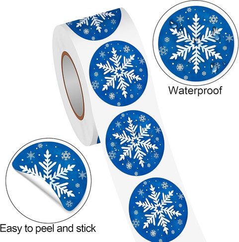 Winter Snowflake Label Stickers Roll, 1.5 inch 500 Pcs Christmas Round Stickers Blue with White Design for Holiday Cards Party Decor Craft Supplies in Saudi Arabia
