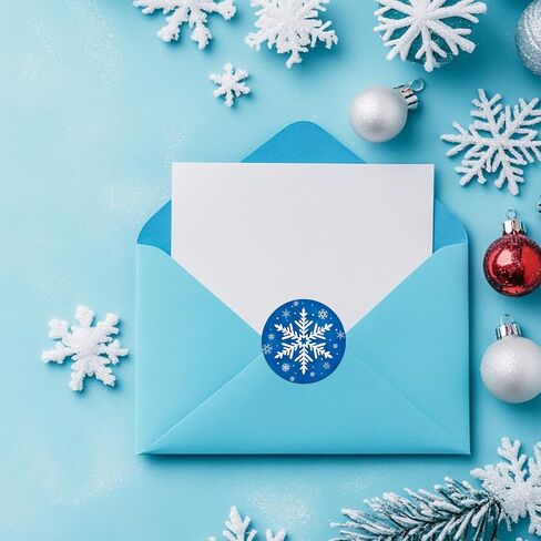 Winter Snowflake Label Stickers Roll, 1.5 inch 500 Pcs Christmas Round Stickers Blue with White Design for Holiday Cards Party Decor Craft Supplies in Saudi Arabia
