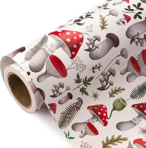 WRAPAHOLIC Mushroom Wrapping Paper Roll - Mini Roll - 17 Inch x 33 Feet - Black Red Mushrooms Plants Design, Perfect for Birthday, Autumn, Party, Holiday in Saudi Arabia