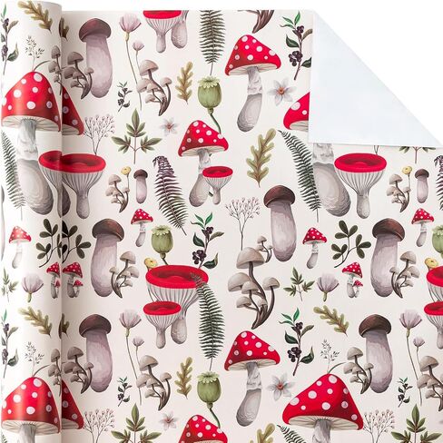 WRAPAHOLIC Mushroom Wrapping Paper Roll - Mini Roll - 17 Inch x 33 Feet - Black Red Mushrooms Plants Design, Perfect for Birthday, Autumn, Party, Holiday in Saudi Arabia