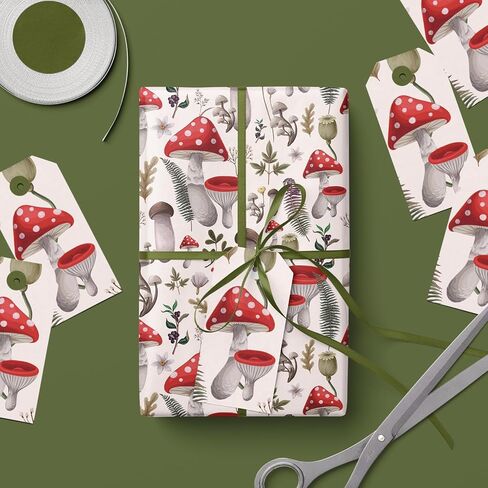 WRAPAHOLIC Mushroom Wrapping Paper Roll - Mini Roll - 17 Inch x 33 Feet - Black Red Mushrooms Plants Design, Perfect for Birthday, Autumn, Party, Holiday in Saudi Arabia