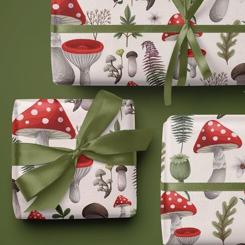 WRAPAHOLIC Mushroom Wrapping Paper Roll - Mini Roll - 17 Inch x 33 Feet - Black Red Mushrooms Plants Design, Perfect for Birthday, Autumn, Party, Holiday in Saudi Arabia